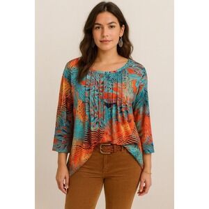 Xieerduo Womens Blouse Top 3/4 sleeve Multicolor Size Large Round Neck Bohemian